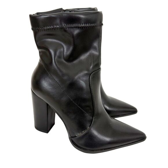 CHASE + CHLOE Block High Heel Faux Leather Pointed Boots 6 Black Zipper Ankle - Picture 2 of 7